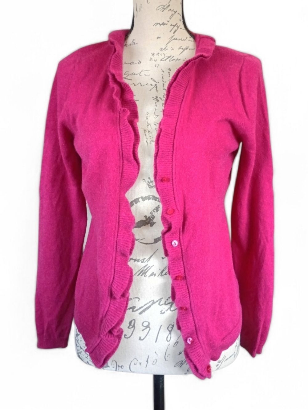 Garnet Hill 100% Cashmere Ruffle Cardigan Sweater Raspberry Medium Soft Luxe